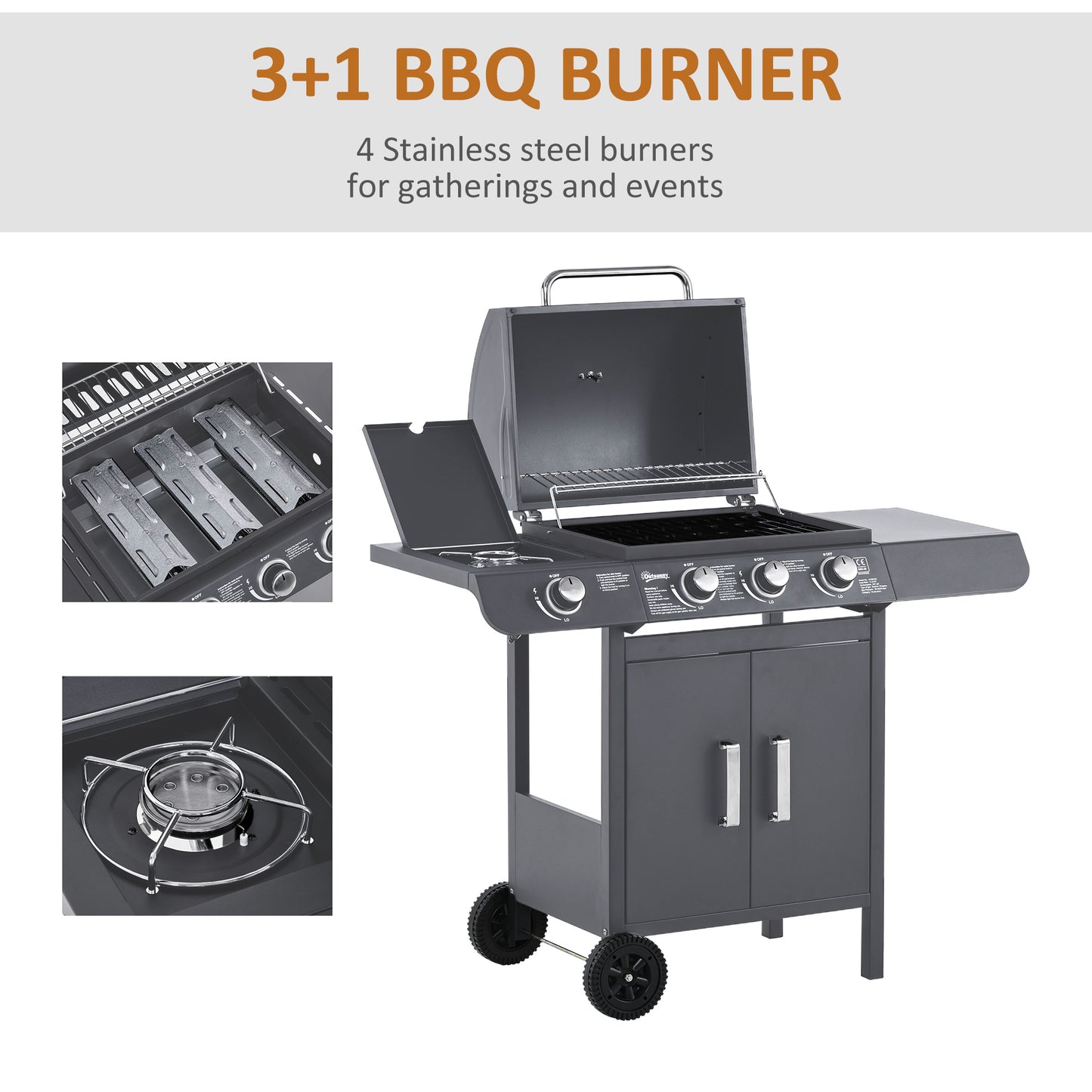 3+1 Burner Gas BBQ Grill, Outdoor Barbecue Trolley with Wheels, Warming Rack, Side Shelves, Cabinet, Thermometer for Garden