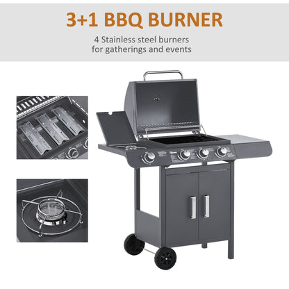 3+1 Burner Gas BBQ Grill, Outdoor Barbecue Trolley with Wheels, Warming Rack, Side Shelves, Cabinet, Thermometer for Garden