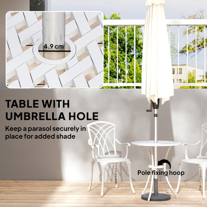 3 Pieces Garden Bistro Set, Cast Aluminium Outdoor Dining Set with 2 Chairs and Round Table with Parasol Hole, White