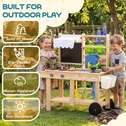 Mud Kitchen with Real Water Faucet Pretend Play Kitchen Playset with Sink and Storage Natural Wood