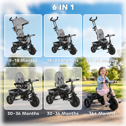6 in 1 Kids Trike Push Bike w/ Push Handle, Canopy, 5-point Seat Belt, Storage, Footrest, Brake, for 1-5 Years, Grey