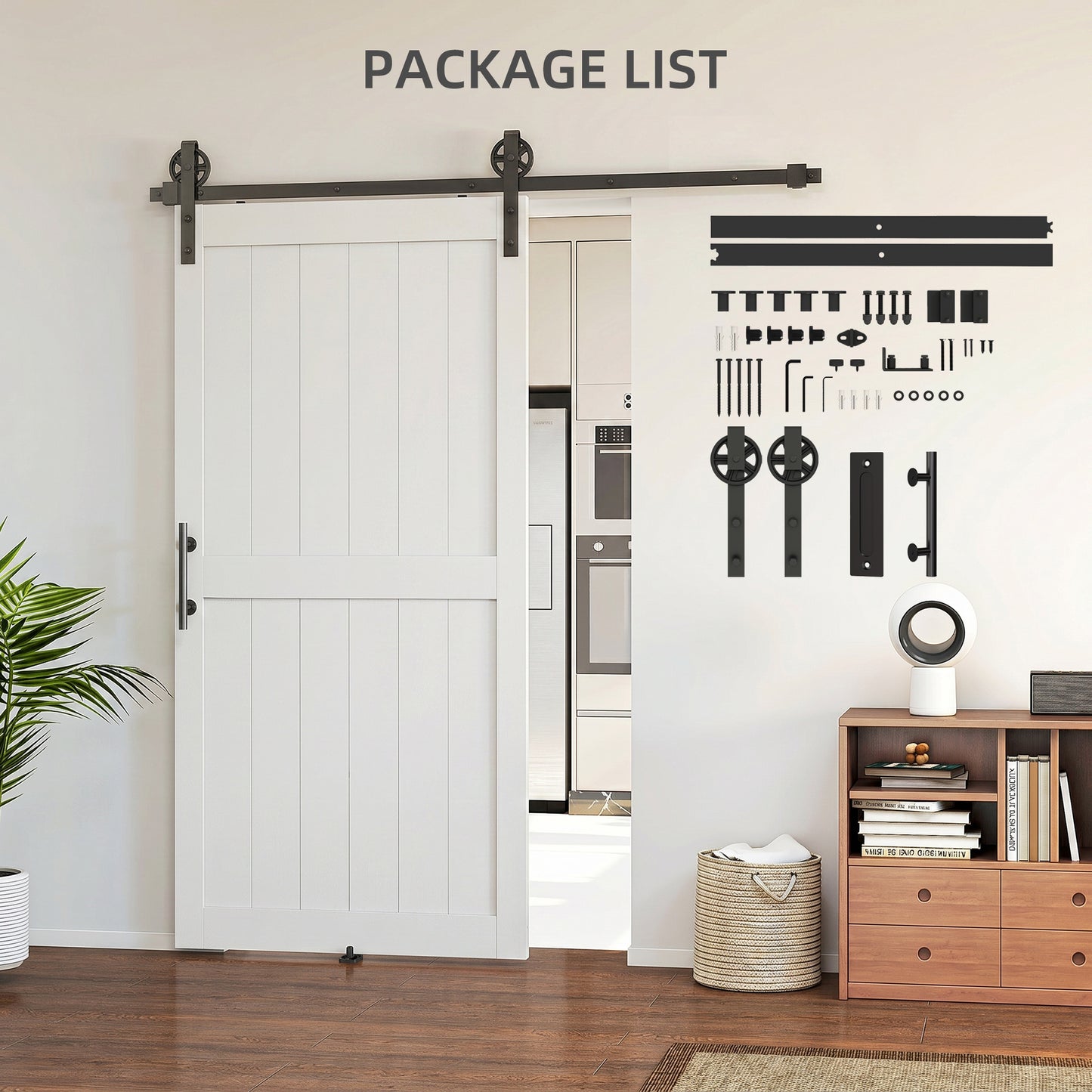 213.4cm Sliding Barn Door Kit, Sliding Door with Track, Hardware, Upgraded Rollers and Floor Guide, Handle, White