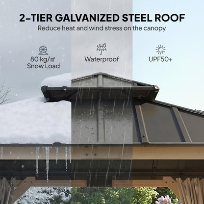 3 x 3 m Outdoor Hardtop Gazebo Canopy with 2-Tier Steel Roof, Wood Garden Gazebo with Curtains, Light Grey