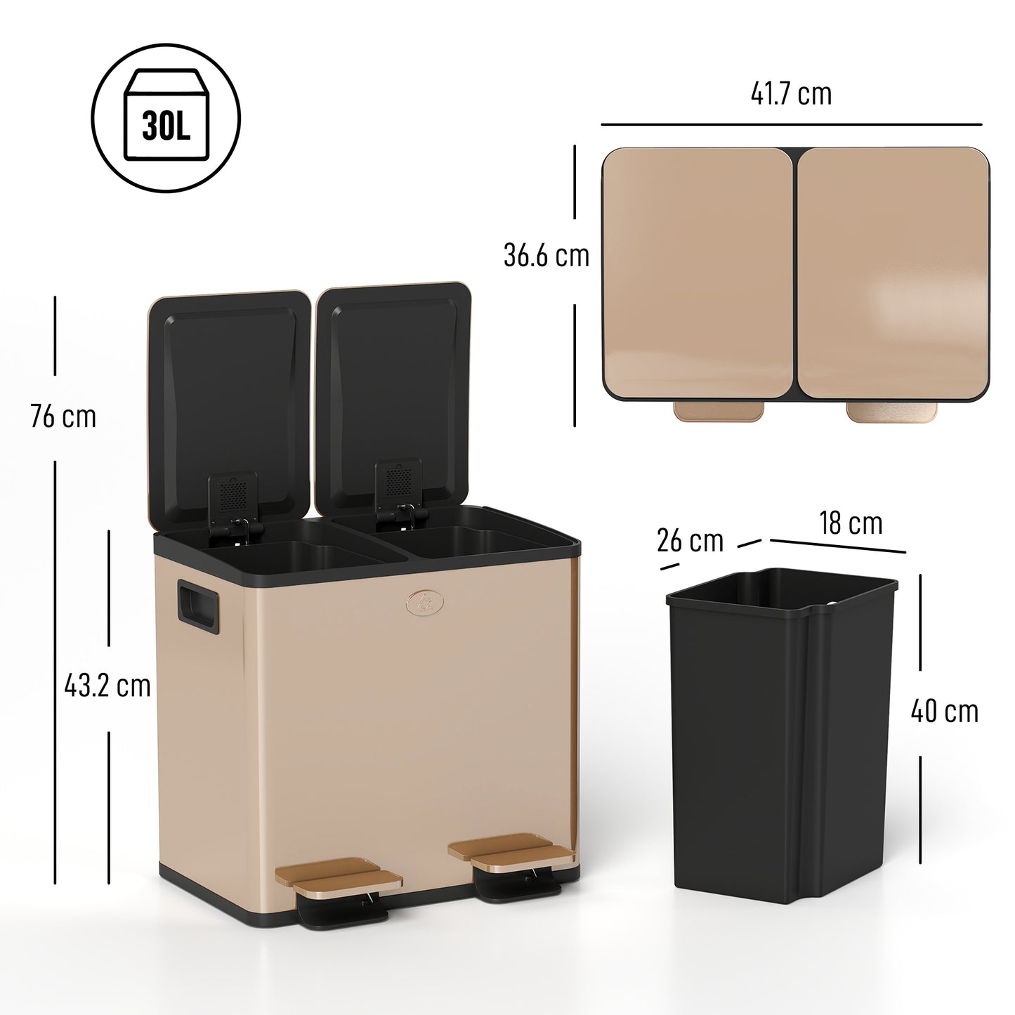30L Dual Compartment Stainless Steel Bin, with Deodoriser Holders - Gold Tone