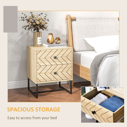 Bedside Table Nightstand Two-Drawer Bedroom Storage Unit Zig Zag Design with Black Metal Handles, Natural