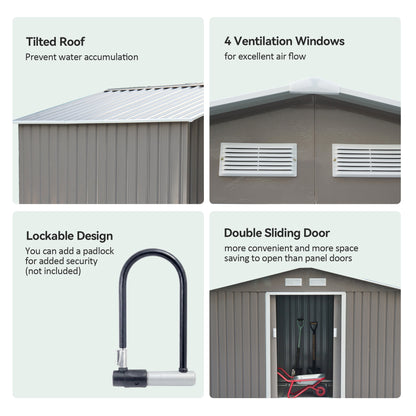 9 x 6FT Outdoor Garden Roofed Metal Storage Shed Tool Box with Foundation Ventilation & Doors Light, Grey