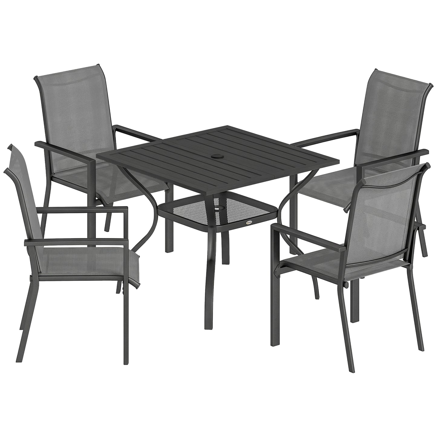 5 Pieces Outdoor Dining Set for 4, Garden Table and Stackable Chairs with Breathable Mesh Seat and Parasol Hole, Grey