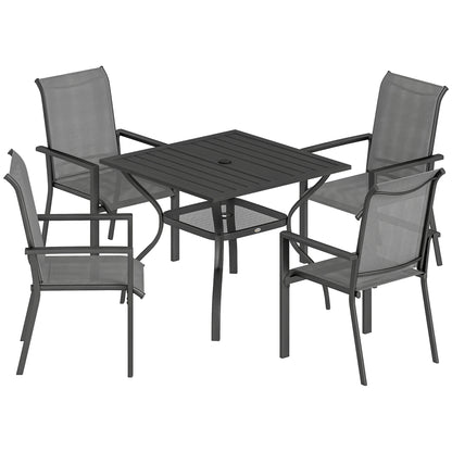 5 Pieces Outdoor Dining Set for 4, Garden Table and Stackable Chairs with Breathable Mesh Seat and Parasol Hole, Grey