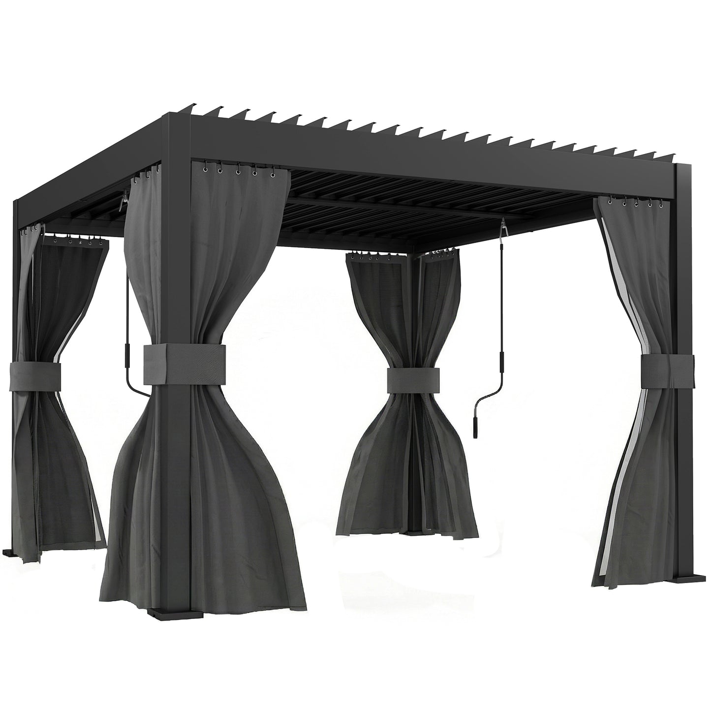 3 x 3 m Louvered Pergola with Adjustable Metal Louvred Roof, Aluminium Patio Gazebo with Netting and Curtains, Dark Grey