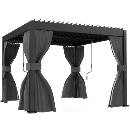 3 x 3 m Louvered Pergola with Adjustable Metal Louvred Roof, Aluminium Patio Gazebo with Netting and Curtains, Dark Grey