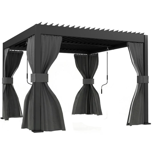 3 x 3 m Louvered Pergola with Adjustable Metal Louvred Roof, Aluminium Patio Gazebo with Netting and Curtains, Dark Grey
