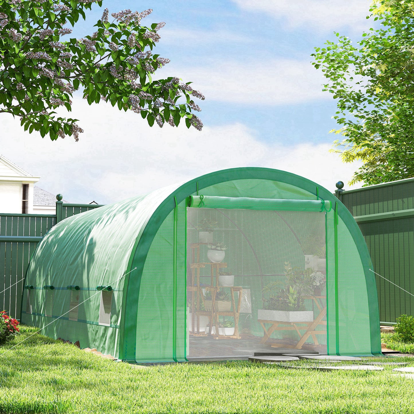 6 x 3(m) Polytunnel Greenhouse with Upgraded Structure, Mesh Door and Windows, 15 Plant Labels, Green