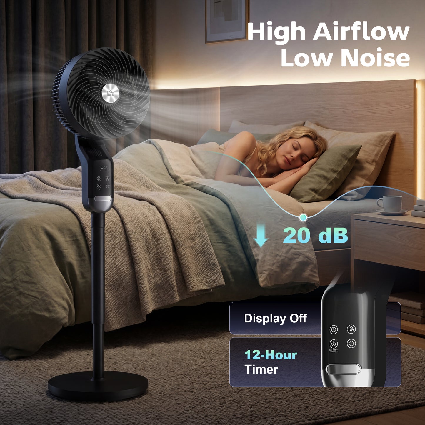 20 dB Silent Standing Fan, Pedestal Fan with Remote, Oscillating, 8 Speeds, Adjustable Height, 12H Timer