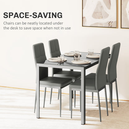 5-Piece Kitchen Dining Table Set with 4 Faux Leather Metal Frame Chairs Glass Tabletop Desk for Dining Room, Kitchen