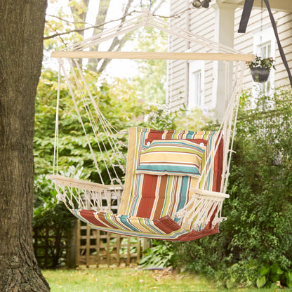 Garden Outdoor Hanging Hammock Chair Thick Rope Frame Wooden Arms Safe Garden Outdoor Spot Stylish Multi-Color Stripe