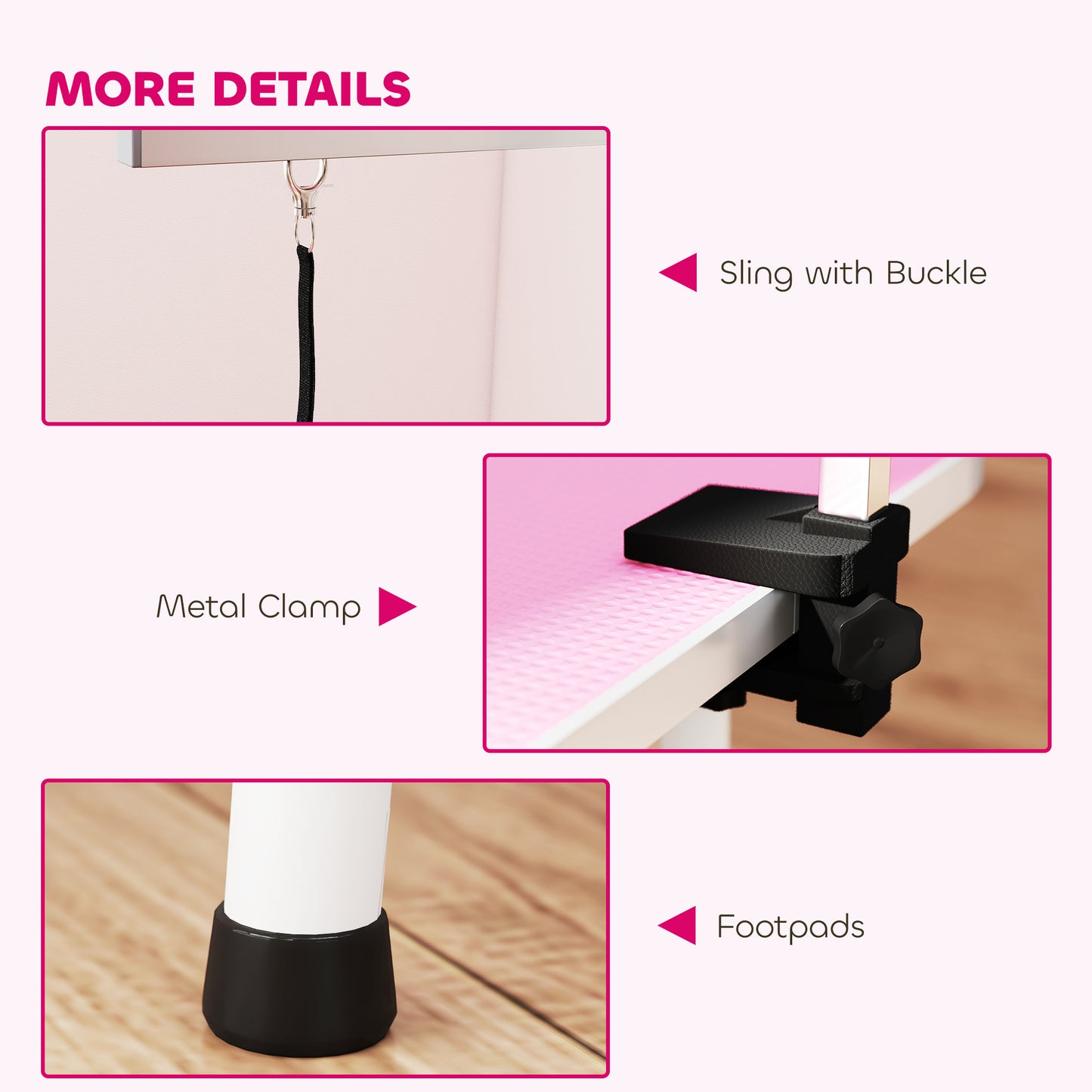 32" Foldable Dog Grooming Table Pet Drying Beauty Table Adjustable Fixed Arm Rubber Top, Pink
