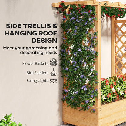 Garden Planter with Trellis, Wooden Raised Bed for Garden with Hanging Roof and Drainage Holes