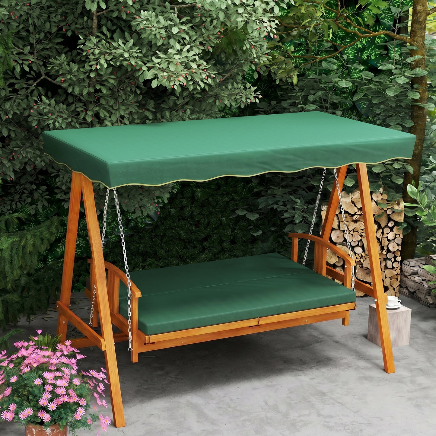3 Seater 2-in-1 Wooden Garden Swing Seat Swing Chair, Outdoor Convertible Hammock Bench w/cushion, Furniture Lounger Bed