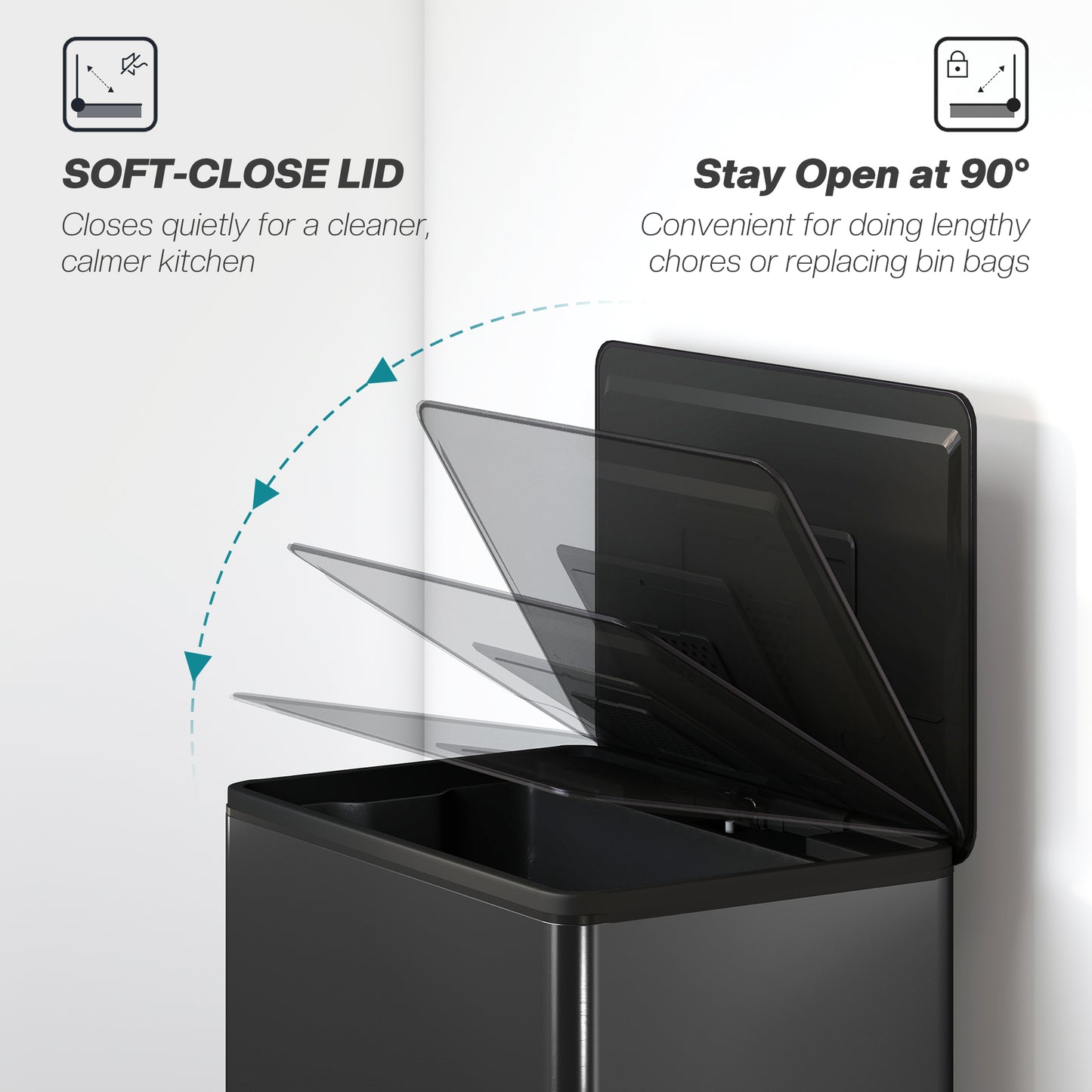 45L Kitchen Bin, Pedal Bin with Soft-Close and Stay-Open Lid, Removable Inner Bucket, Odor Control for Kitchen, Office