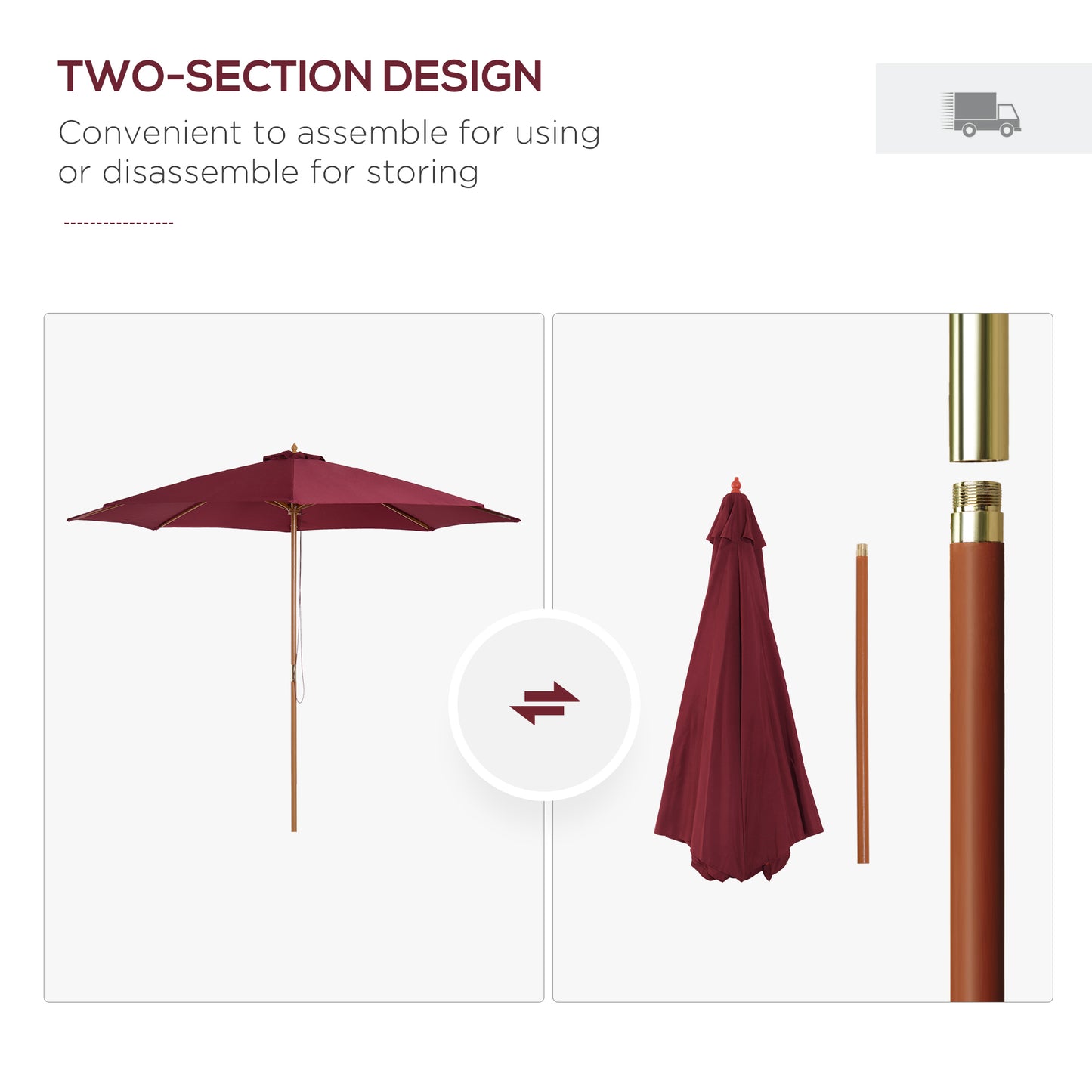 3(m) Garden Parasol, Pulley Operated Patio Umbrella, Wooden Table Market Umbrella with Rope Pulley Mechanism and 8 Ribs