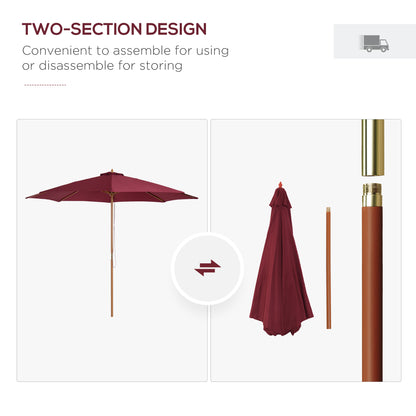 3(m) Garden Parasol, Pulley Operated Patio Umbrella, Wooden Table Market Umbrella with Rope Pulley Mechanism and 8 Ribs