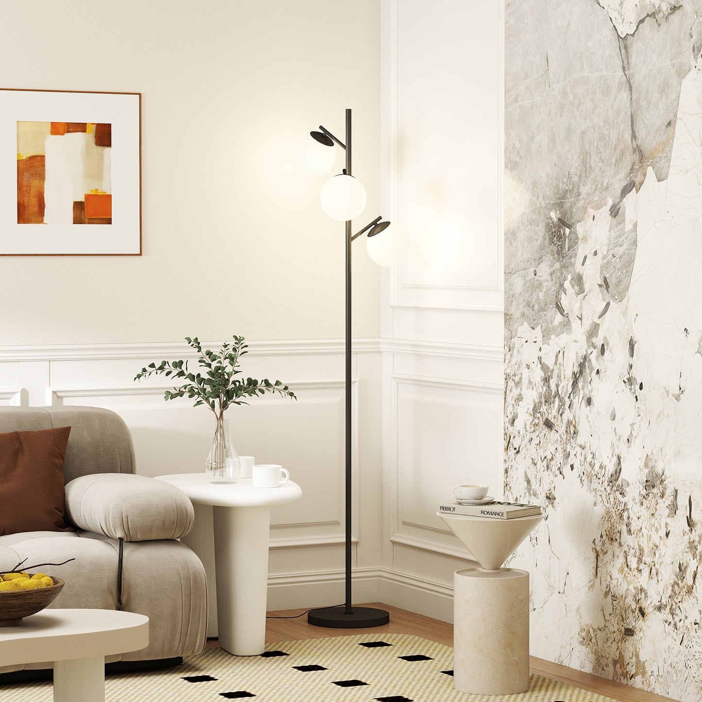 3-Light Tree Floor Lamps for Living Room, Modern Standing Lamp for Bedroom with Globe Lampshade, Steel Base