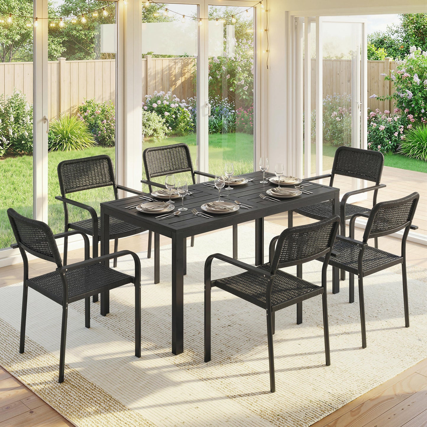 Garden Dining Set for 6, Faux Wood Metal Outdoor Table and Stackable Chairs with Plastic Rattan Effect Seat, Black