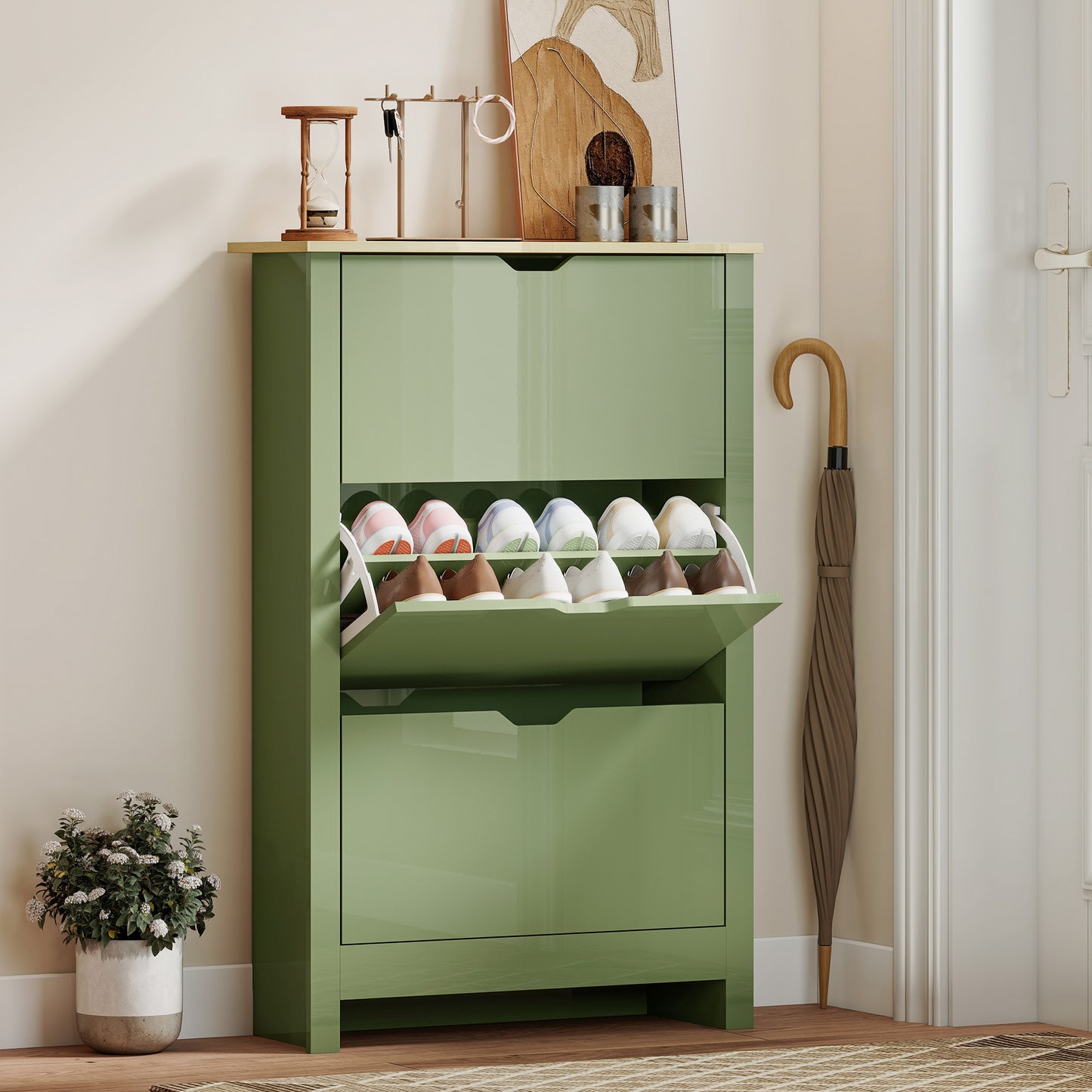 Slim Shoe Cabinet, Narrow Shoe Cupboard with 3 Flip Drawers, Adjustable Shelves for 18 Pairs of Shoes, High Gloss Green