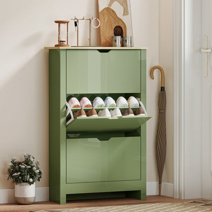 Slim Shoe Cabinet, Narrow Shoe Cupboard with 3 Flip Drawers, Adjustable Shelves for 18 Pairs of Shoes, High Gloss Green