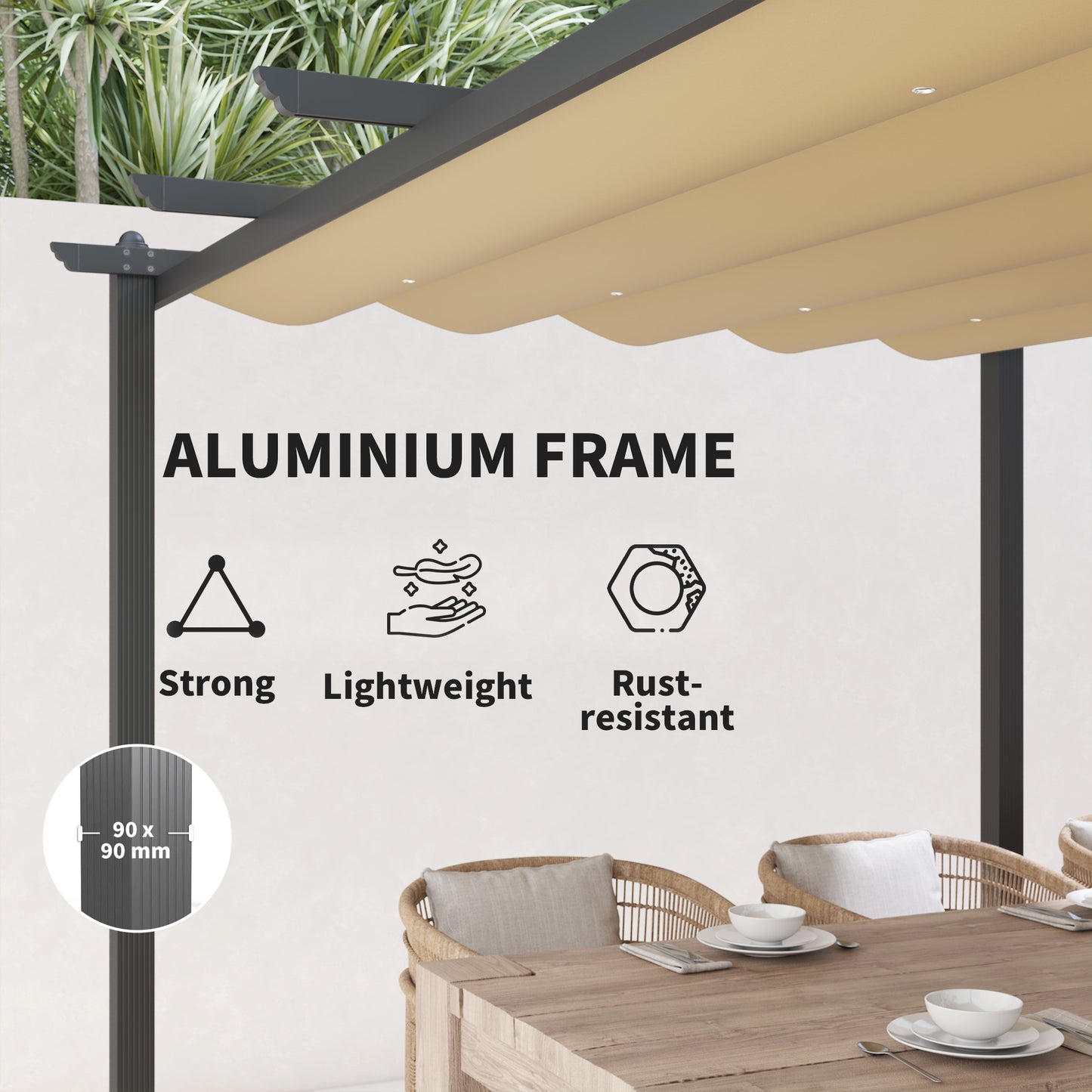 3 x 4m Aluminium Pergola, with Retractable Roof - Khaki