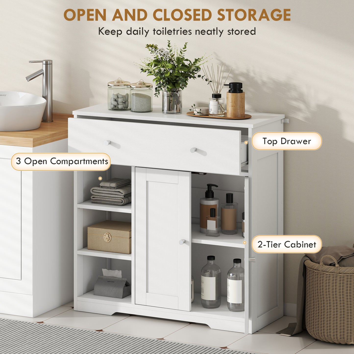 Bathroom Floor Cabinet, Freestanding Bathroom Cabinet with Drawer, Door, Open Shelves, White