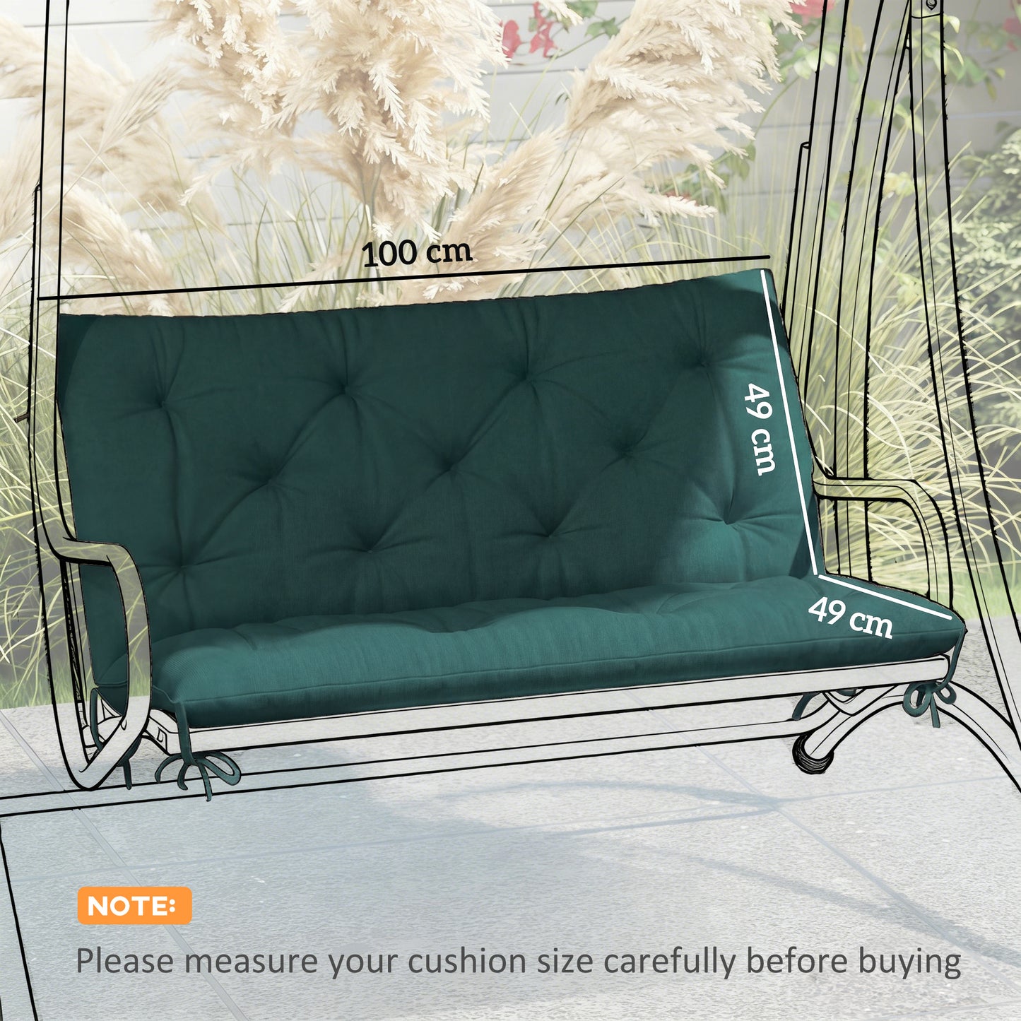 2 Seater Bench Pad, Garden Chair Cushion with Back and Ties for Indoor and Outdoor Use, 98 x 100 cm, Green