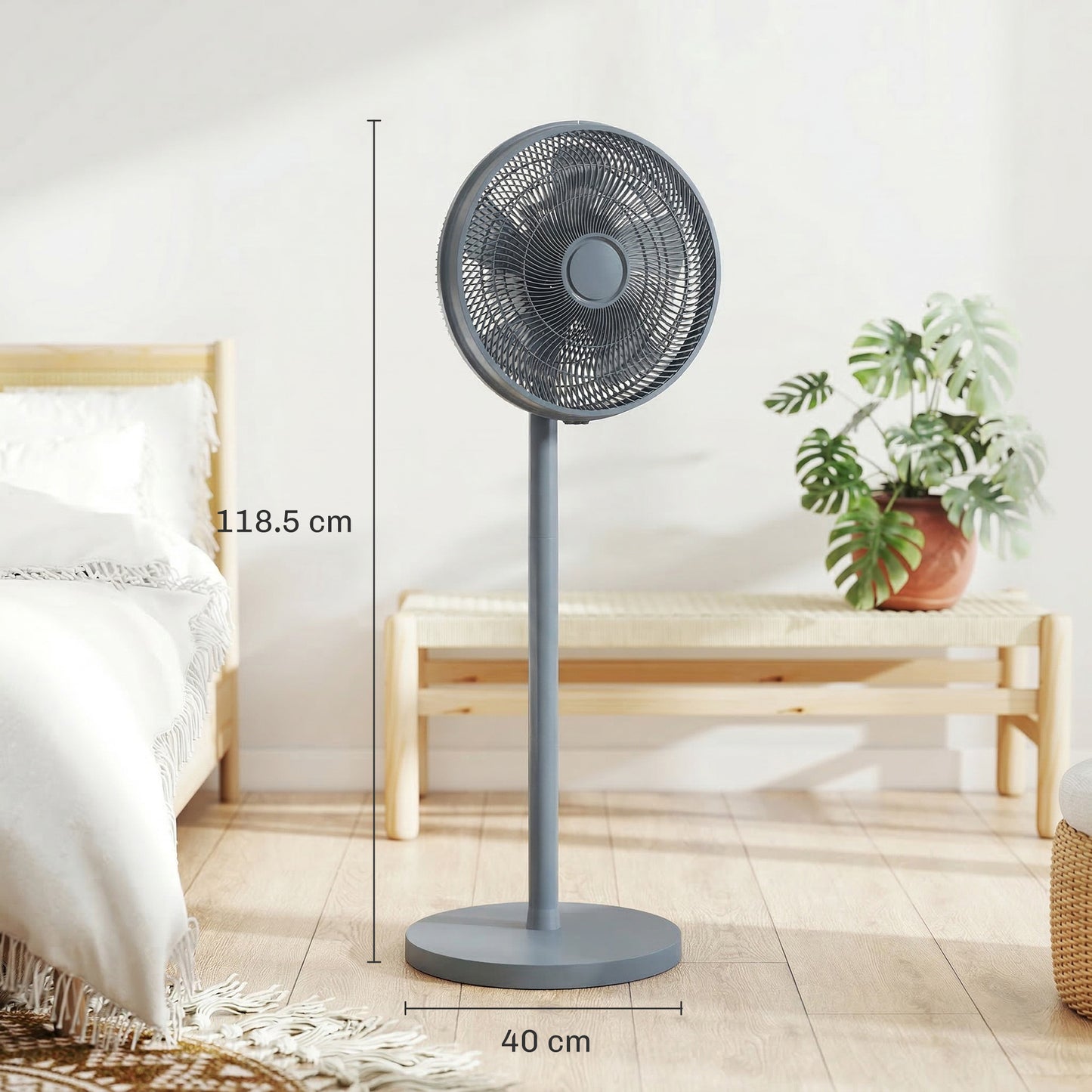 40 cm Standing Fan, Cooling Floor Fan with 80° Oscillating, Adjustable Tilt and Height, 4 Speed, Remote Control, Grey