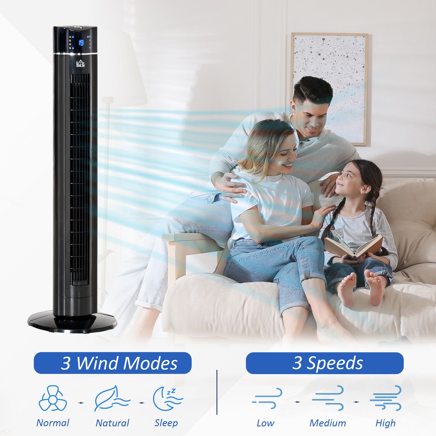 Anion Tower Fan for Bedroom, 42 inch, 6 m/s Powerful Velocity, Standing Floor Fan with 60° Oscillating, 3 Modes, 3 Speeds