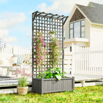 Raised Bed with Drainage Holes, Wood Planter with Trellis for Climbing Plants, Dark Grey
