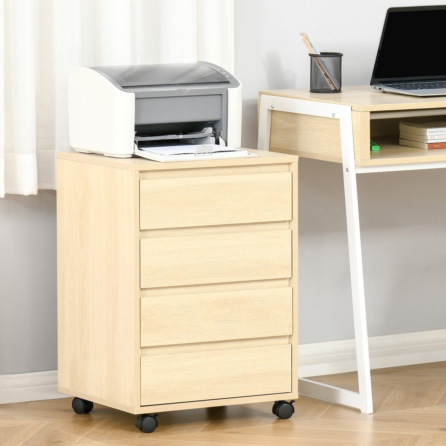Four-Drawer Office Filing Cabinet, with Wheels - Natural Wood Finish