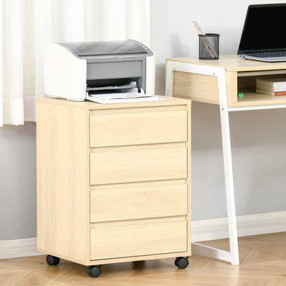 Four-Drawer Office Filing Cabinet, with Wheels - Natural Wood Finish
