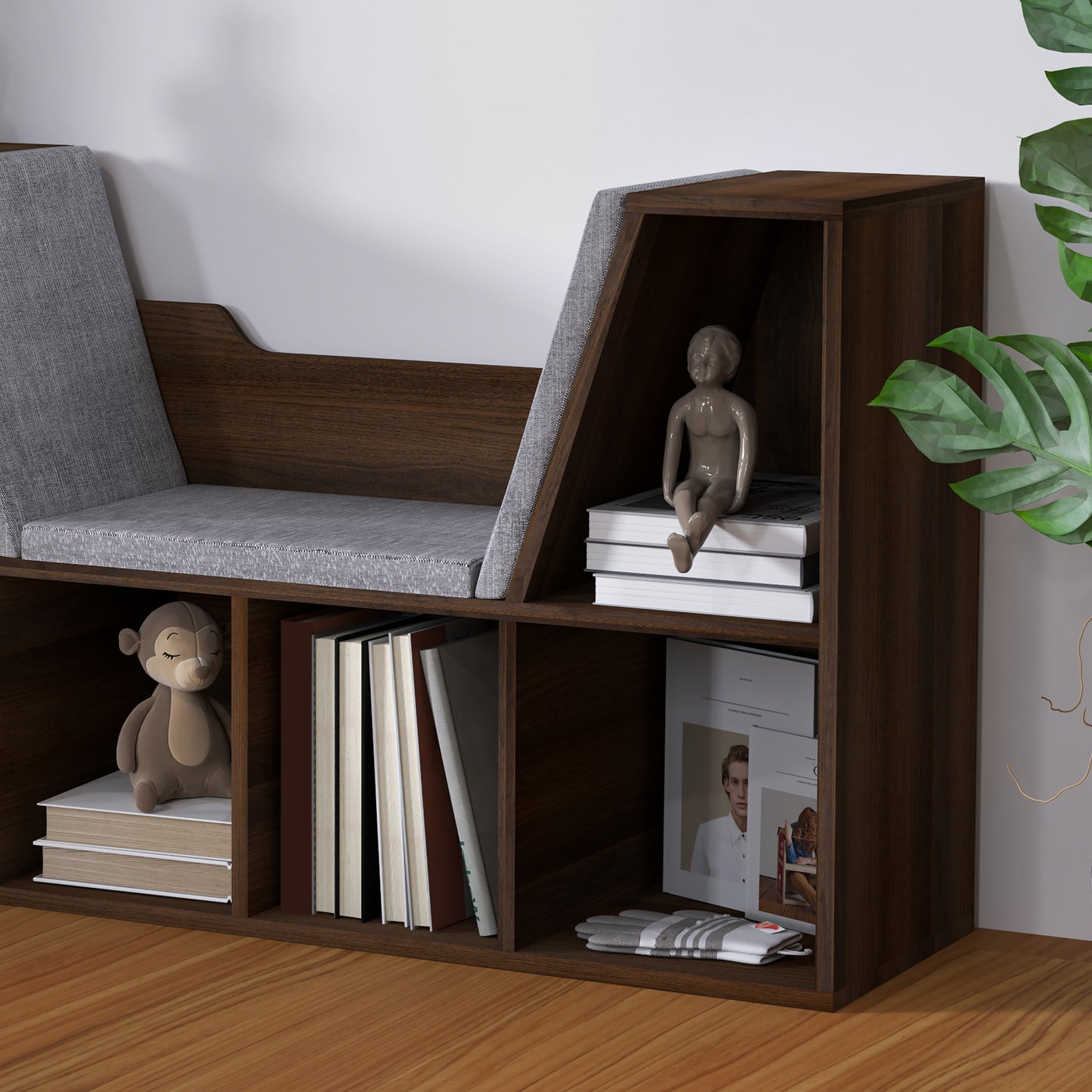 Bookcase Storage Shelf with Cushioned Reading Seat, Cube Bookshelf Organizer for Bedroom Living Room, Chestnut