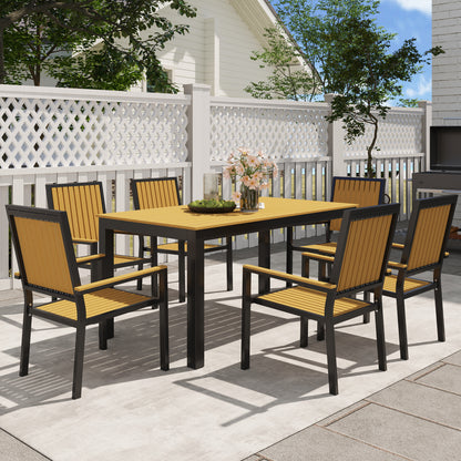 6 Seater Garden Dining Set with Stackable Chairs, Aluminium Frame, Rectangular Plastic Top, Garden Furniture Set, Nature Wood