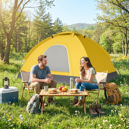 2 Person Camping Tent, Dome Tent with Zipped Doors, Storage Pocket, Portable Handy Bag, Yellow