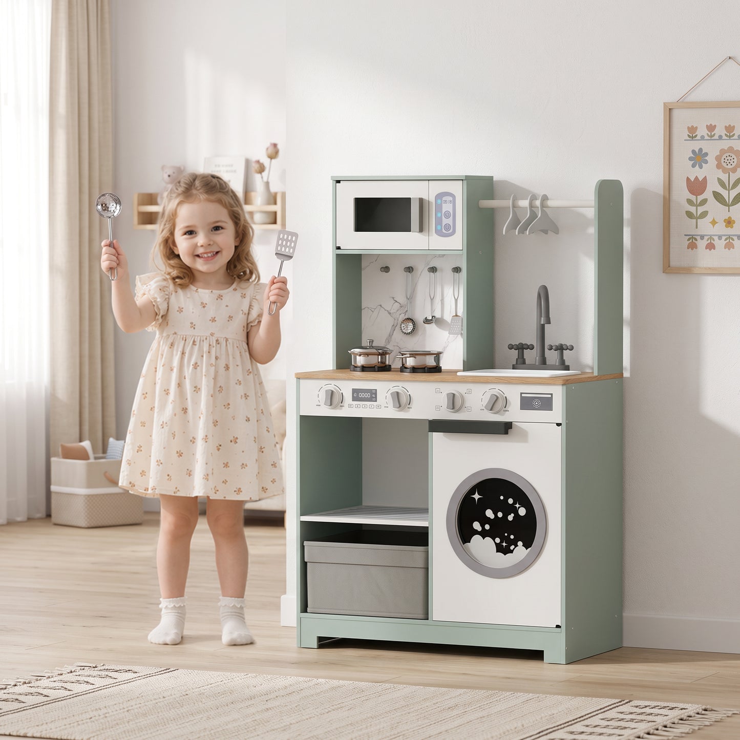Kids Play Kitchen, Pretend Play Toy Kitchen Playset with Stove, Sink, Microwave, 5Pcs Accessories for 3-6 Years, Green