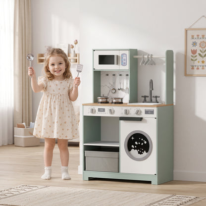 Kids Play Kitchen, Pretend Play Toy Kitchen Playset with Stove, Sink, Microwave, 5Pcs Accessories for 3-6 Years, Green