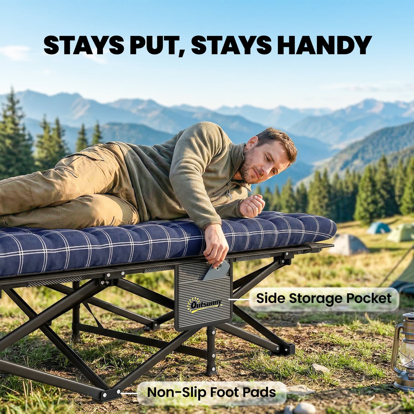 Camping Cot with Soft Pad, 80cm Extra Wide Folding Cots with Side Pocket and Carry Bag, Blue