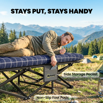 Camping Cot with Soft Pad, 80cm Extra Wide Folding Cots with Side Pocket and Carry Bag, Blue
