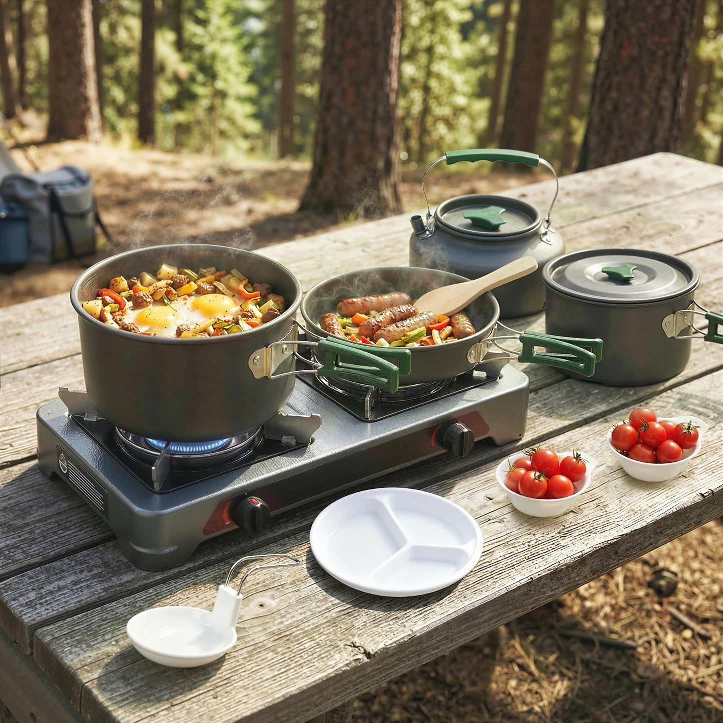 Camping Cookware Set for 4-5 People, Lightweight Aluminium Camping Cooking Kit with Anti-Scald Handles, Grey