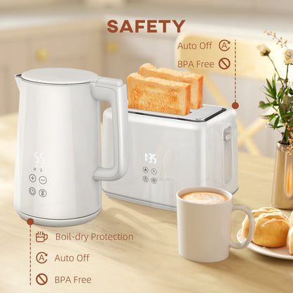 Polished Stainless Steel Kettle and Toaster Set - White