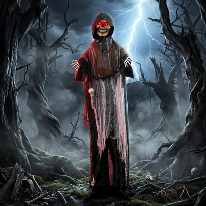 170cm Animated Grim Reaper, Life-Size Halloween Animatronic with Moving Hands/Head, Glowing Eyes, Creepy Sound