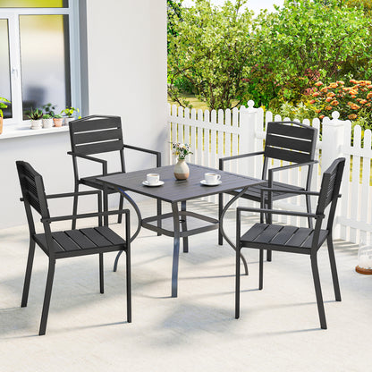 Stackable Garden Chairs Set of 4, Garden Dining Chairs with Slatted HDPE Seat Back, Armrests, Metal Frame, Black