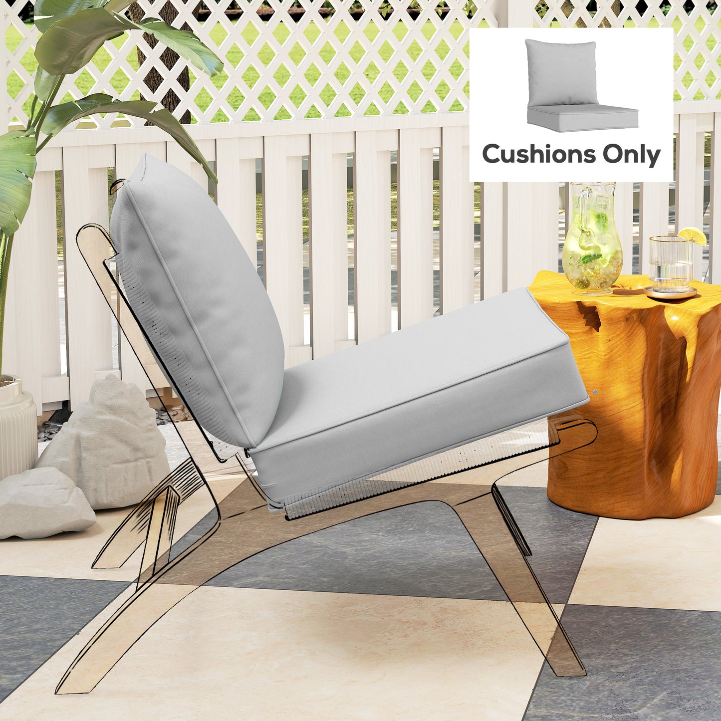 Outdoor Seat and Back Cushion Set, 63L x 55W x 15Dcm Patio Deep Seating Chair Fade Resistant Replacement Cushion, Light Grey