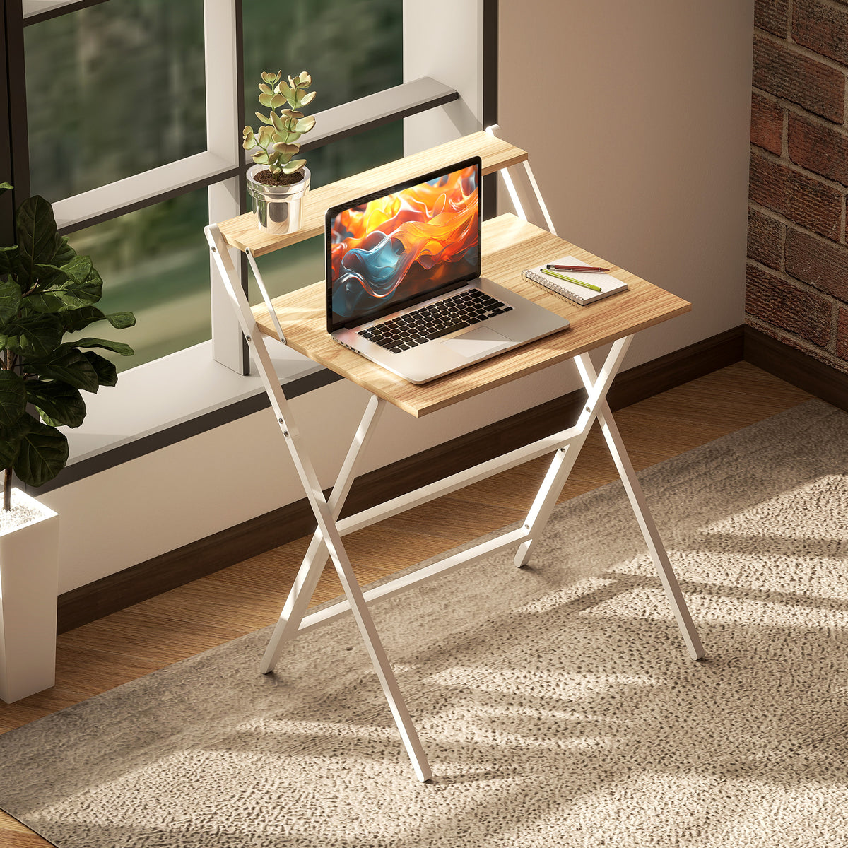 70 cm Folding Computer Desk with Monitor Shelf - Natural Wood Finish